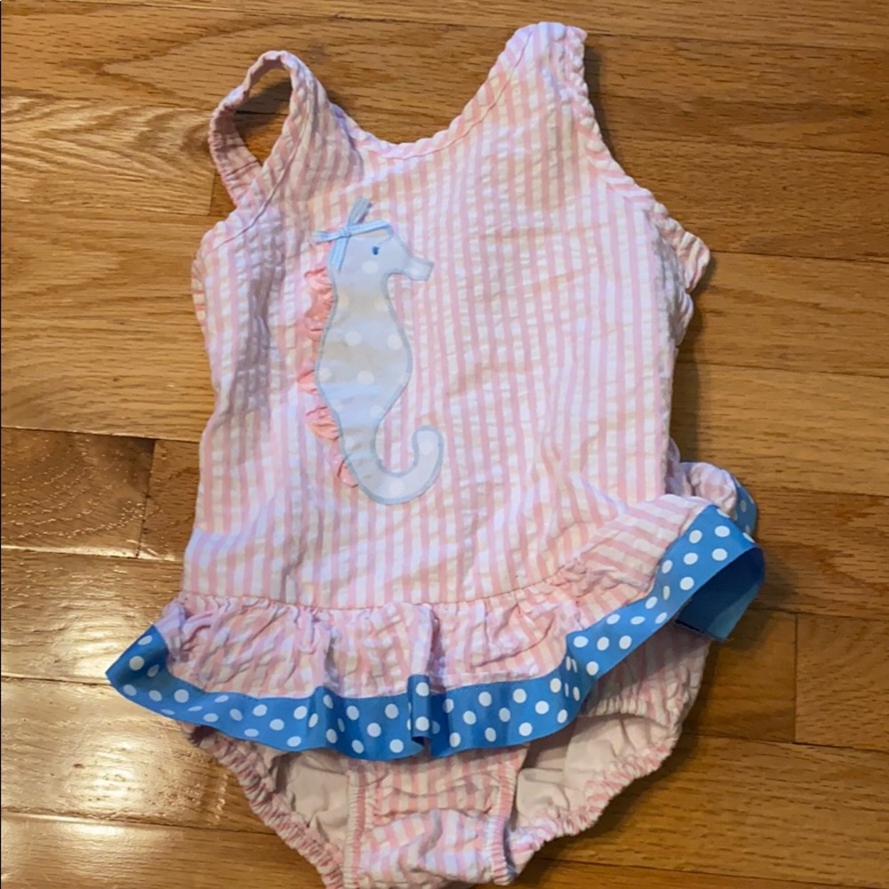 Seersucker seahorse appliqué swimsuit